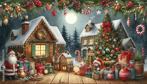 Painting of a Christmas scene with a house, a tree