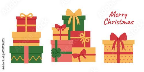 Set of Christmas gift boxes with ribbons and bows. Holiday presents stacks in red, yellow and green colors. Heaps of surprises. Vector flat illustration isolated on white background