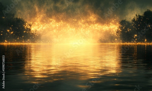 Mystical Golden Lake, A tranquil lake with golden light shimmering across its surface