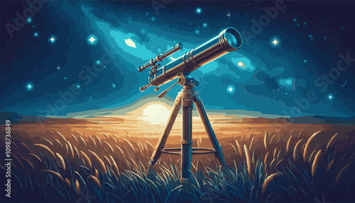 The telescope stands in a field against the background of the starry sky. Vector illustration of EPS 10.
