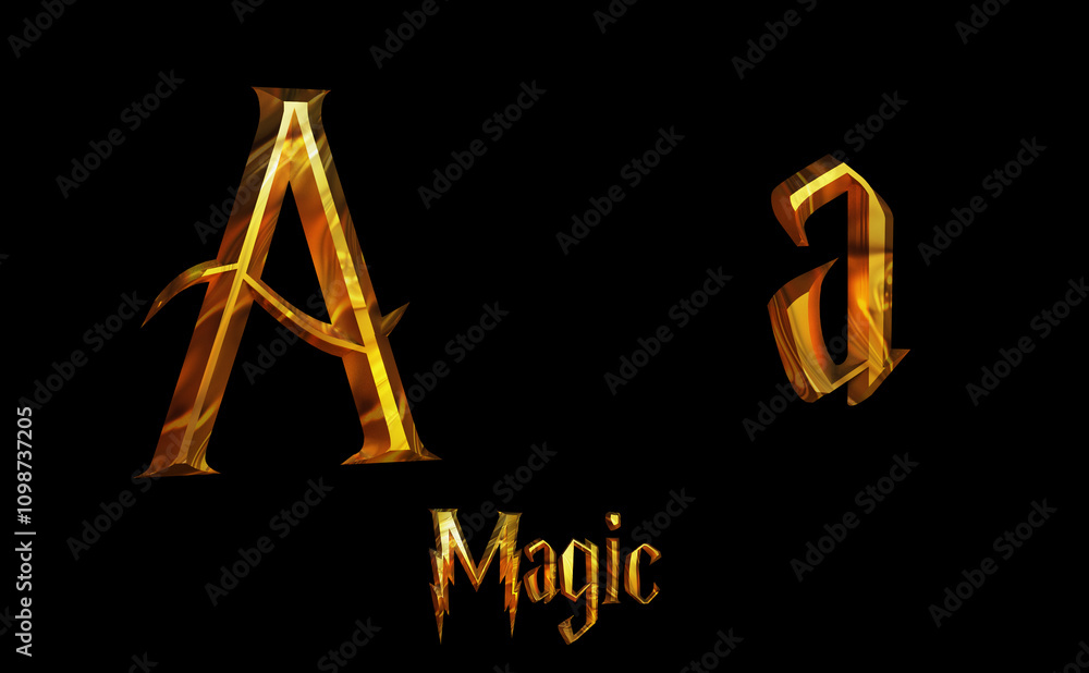 Obraz premium Magic Alphabet golden font letters 3 D render Illustration