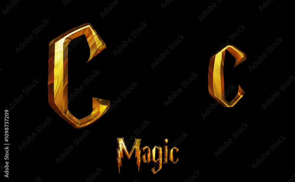Fototapeta premium Magic Alphabet golden font letters 3 D render Illustration