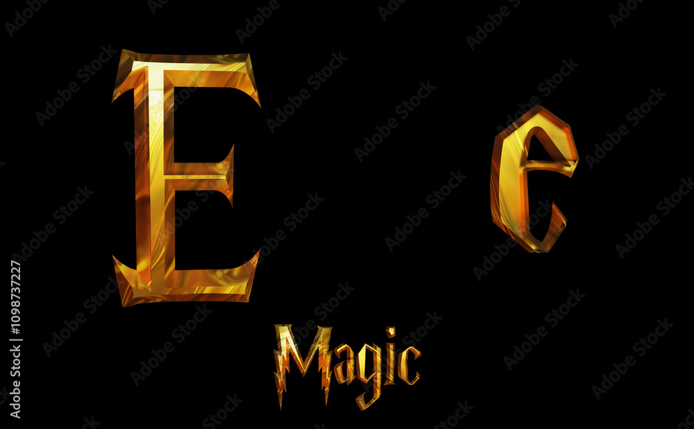 Fototapeta premium Magic Alphabet golden font letters 3 D render Illustration