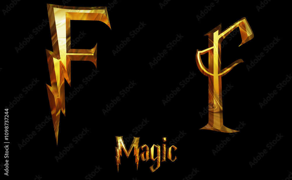 Naklejka premium Magic Alphabet golden font letters 3 D render Illustration