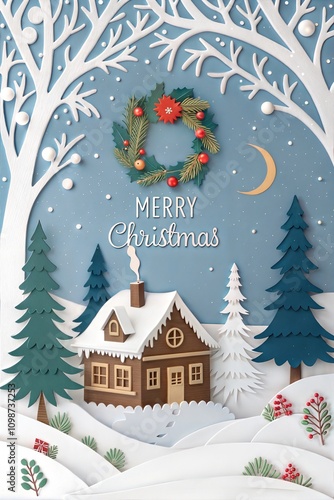 A charming winter Christmas composition created in a paper cut style, featuring intricate designs and layers. The artwork includes elegant calligraphic lettering that reads 