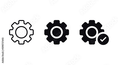 Gear icon set, gear with check mark icon tick symbol. black gear wheel icons collection. Cogwheel vector icon	