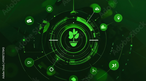 A vibrant digital representation of green sustainable growth with various technology icons surrounding a central plant symbol