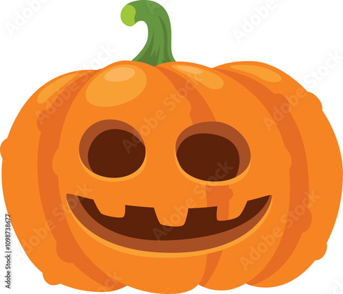 Halloween pumpkin carving with large triangular eyes and a wide smiling mouth showing teeth, featuring a green stem on a white background