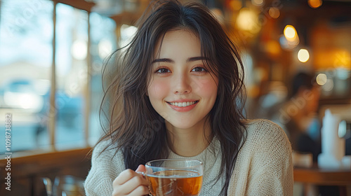Young Woman Smiling and Holding a Cup of Tea in a Cafe