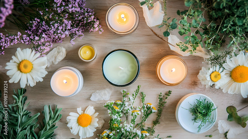 A cozy setup with a variety of candles and flowers arranged on a wooden table, exuding a warm and relaxing ambiance.