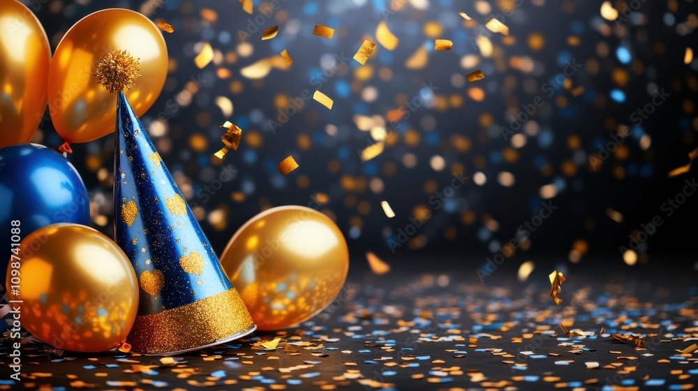 Εκτύπωση καμβά Birthday or party background with carnival cap, golden balloons and confetti