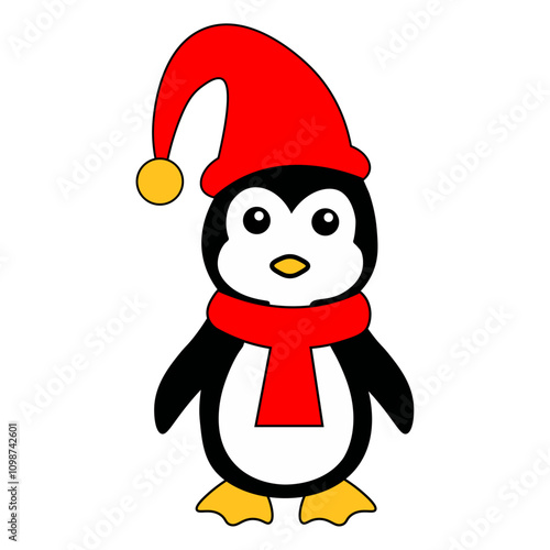 Vector outline of a cute frosty the penguin wearing a santa claus hat and scarf on white background
