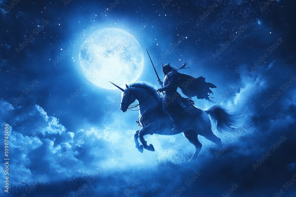 Naklejka premium Lone Knight on Horseback Under Full Moon
