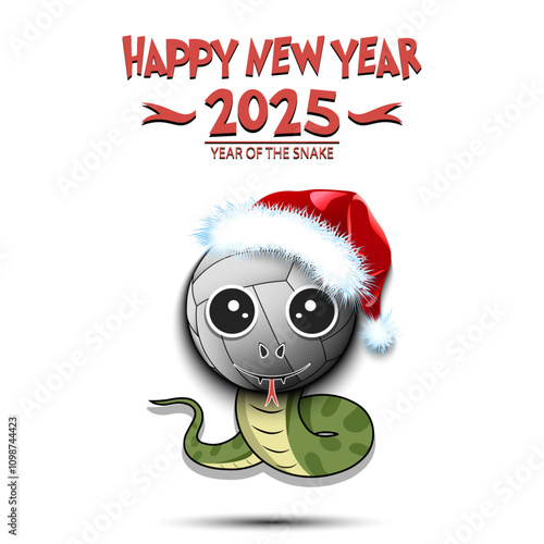 Happy New year. 2025 year of the snake. Cute muzzle snake in the form of a volleyball ball. Volleyball ball in the form of a snake. Greeting card design template. Vector illustration