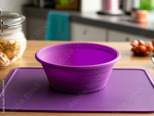 Collapsible Silicone Bowl on a Vibrant Purple Mat