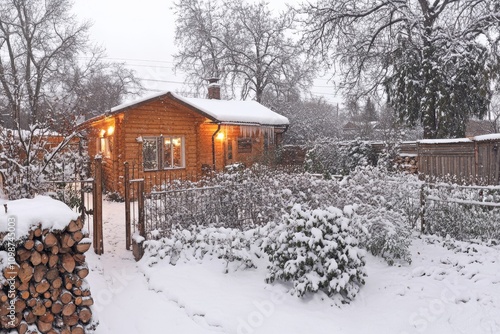 An image of a winter snowy garden with conifers and a woodshed photo