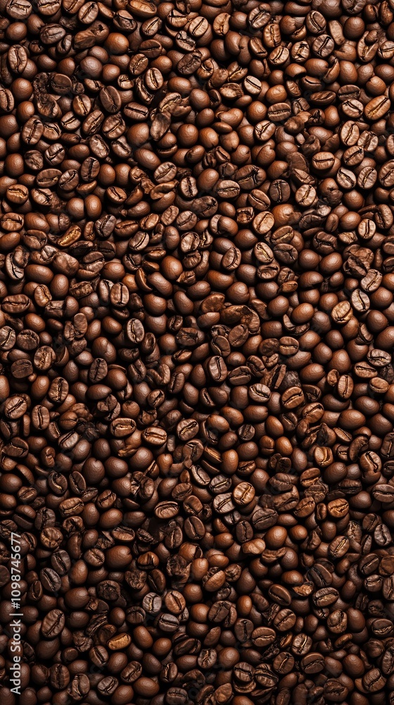 Fototapeta premium An overhead shot of a vast sea of coffee beans. The beans are a rich brown color, each with distinct texture, curves, and small imperfections.