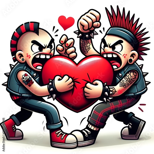 two punks fighting over a large red love heart