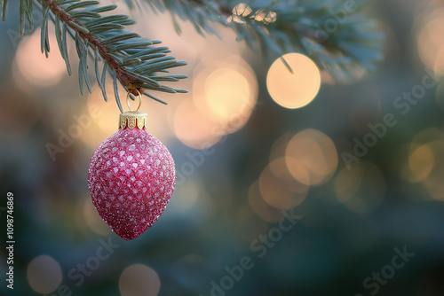 Ein funkelndes, rotes Weihnachtsornament hängt an einem Tannenzweig, umgeben von einem warmen Bokeh-Hintergrund. Die Kugel ist mit glitzernden Details verziert, die die weihnachtliche Stimmung perfekt