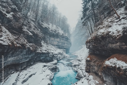 It's the first snow of the season in Jasper National Park, Alberta Canada. Snow-covered winter landscape in the Sunwapta Falls on the Athabasca River. photo