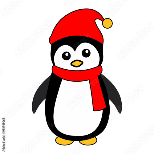 Vector outline of a cute frosty the penguin wearing a santa claus hat and scarf on white background
