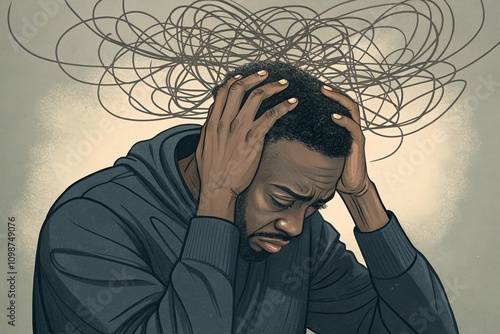 A man overwhelmed by overthinking, his hair tangled in wires symbolizing mental chaos.
