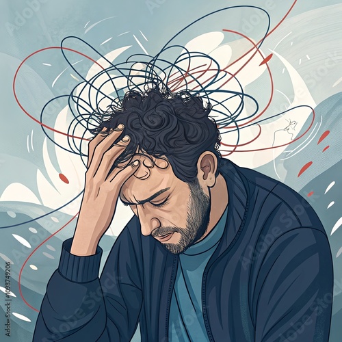 A man overwhelmed by overthinking, his hair tangled in wires symbolizing mental chaos.