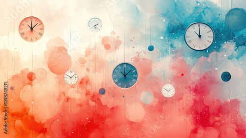 Abstract Time Clocks Watercolor Background
