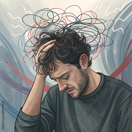 A man overwhelmed by overthinking, his hair tangled in wires symbolizing mental chaos.