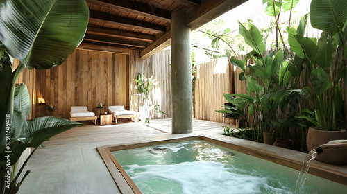 Wallpaper Mural A tropical outdoor jacuzzi surrounded by lush plants and wooden pergolas, offering a luxurious and relaxing escape.

 Torontodigital.ca