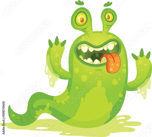 Slimy green cartoon monster with two eyes, a long tail sticking out its tongue and showing sharp teeth while standing on a puddle of slime