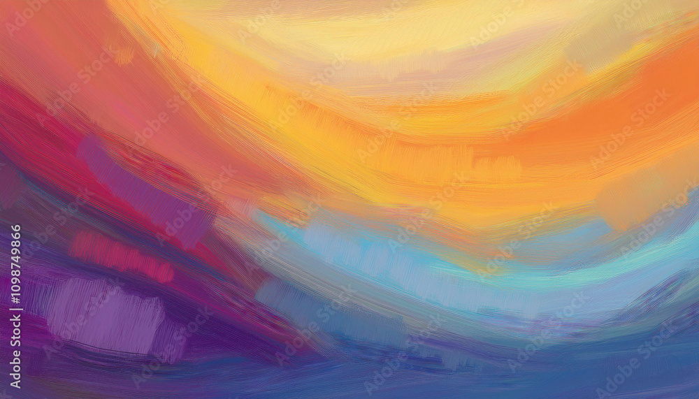 Obraz premium A vibrant abstract painting features sweeping brushstrokes of orange, purple, and turquoise colors blending together across the canvas.