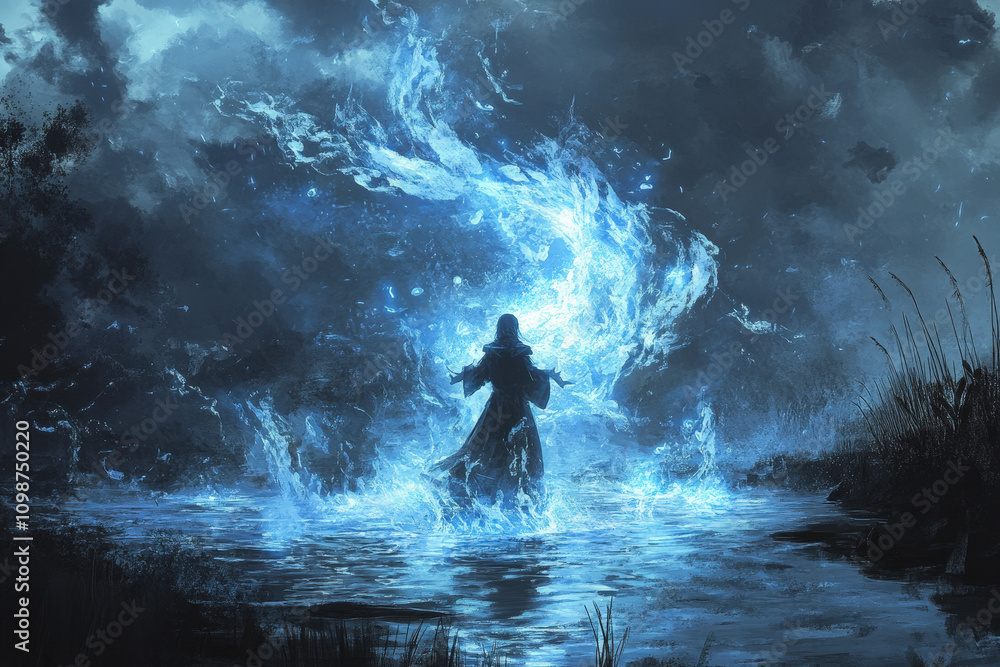 Fototapeta premium Hooded Mage Summoning Blue Magic by a Misty Mountain Lake