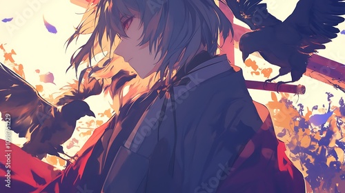 Anime Boy with Crows photo