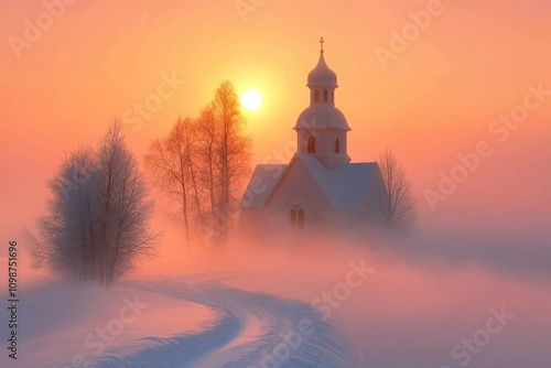 Foggy sunrise in winter forest with frost-covered trees.