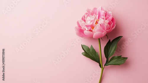 Beautiful peony flower on pink pastel background. Floral card for Womens or Mothers day.