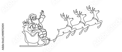 One continuous line drawing of christmas reindeer and Santa Claus. Wild animal deer with antlers is dynamic silhouette in simple linear style. Elegance editable stroke. Doodle vector illustration