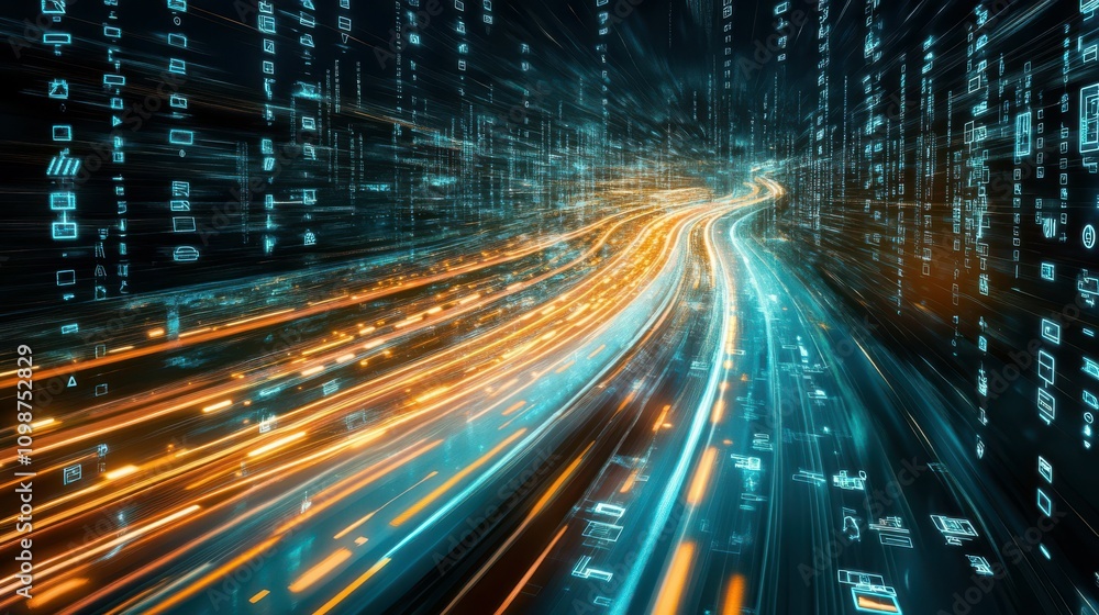 Fototapeta premium Information highway with flowing streams of light