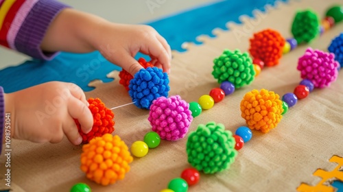 Child threading colorful pom-poms and beads onto a string for a crafting activity. Early childhood sensory and fine motor development concept. Generative AI photo