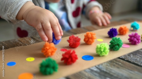 Child arranging colorful pom-poms on a cardboard with matching colored dots. Educational fine motor and color sorting activity. Generative AI