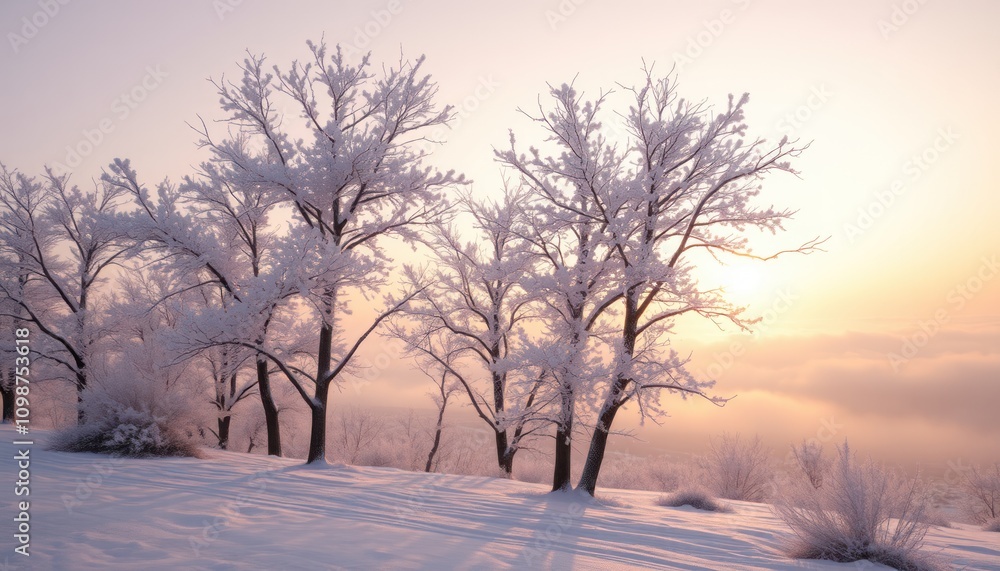 Fototapeta premium Frosty winter sunrise with snow-covered trees and soft light.