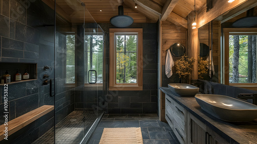 Wallpaper Mural A contemporary bathroom with large windows, a wooden ceiling, and sleek stone finishes, creating a harmonious blend of nature and luxury.

 Torontodigital.ca