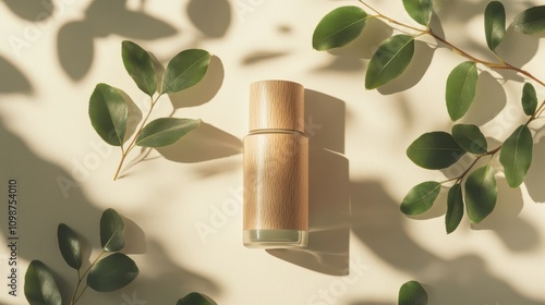 Cosmetic bottle container with green leave and wood