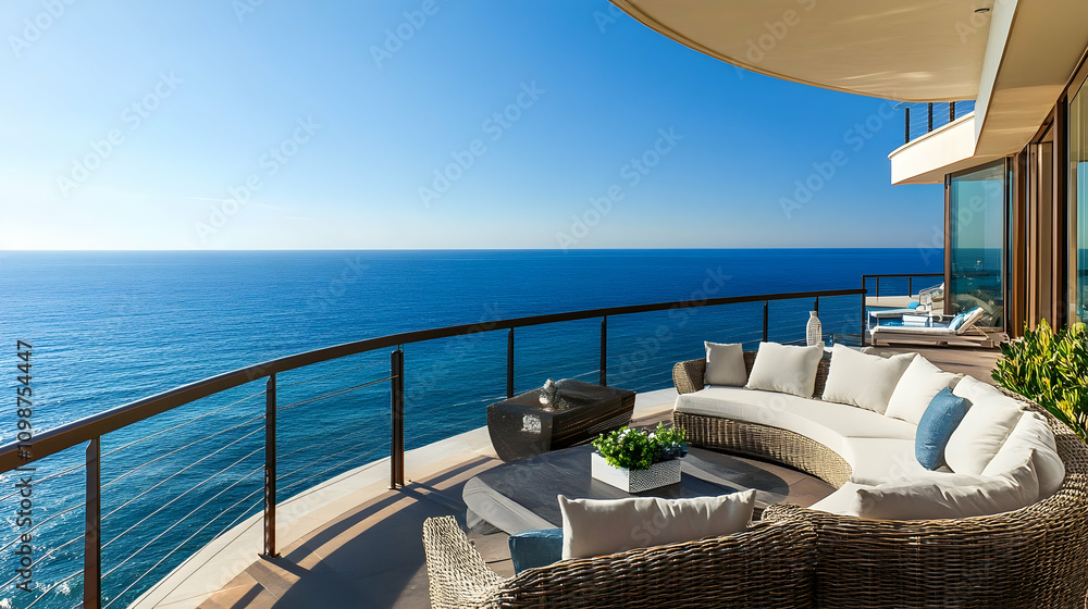 Fototapeta premium A curved balcony with modern furniture, glass railings, and a panoramic view of the ocean meeting the horizon.