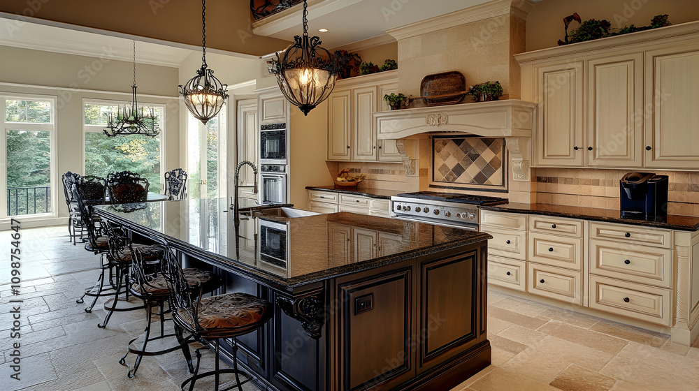 Fototapeta premium A charming farmhouse-style kitchen with a black island, wood accents, and vintage-inspired pendant lighting.