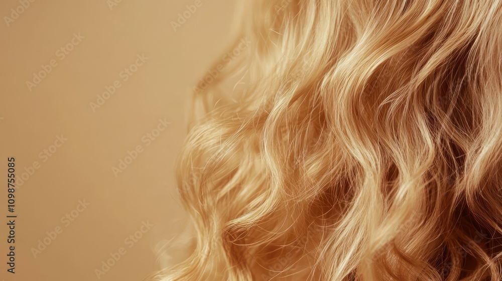 Naklejka premium curly blond hair strands. Close-up of golden hair extension piece, isolated on beige background. Redhead curls and loops macro