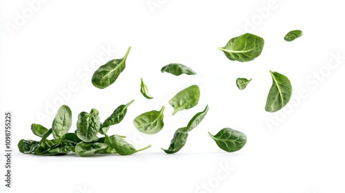 Falling Spinach isolated on white background, full depth of field