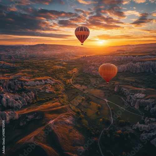 A person enjoying a hot air balloon ride at sunrise, soaring over scenic valleys. Shot with Zeiss Batis 18mm f/2.8, capturing the serene view with soft reflections and breathtaking beauty. photo