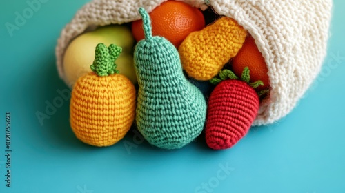 Cute knitting vegetables and fruits for activity, motor and sensory development. Eco friendly toys in cotton bag on blue table. photo