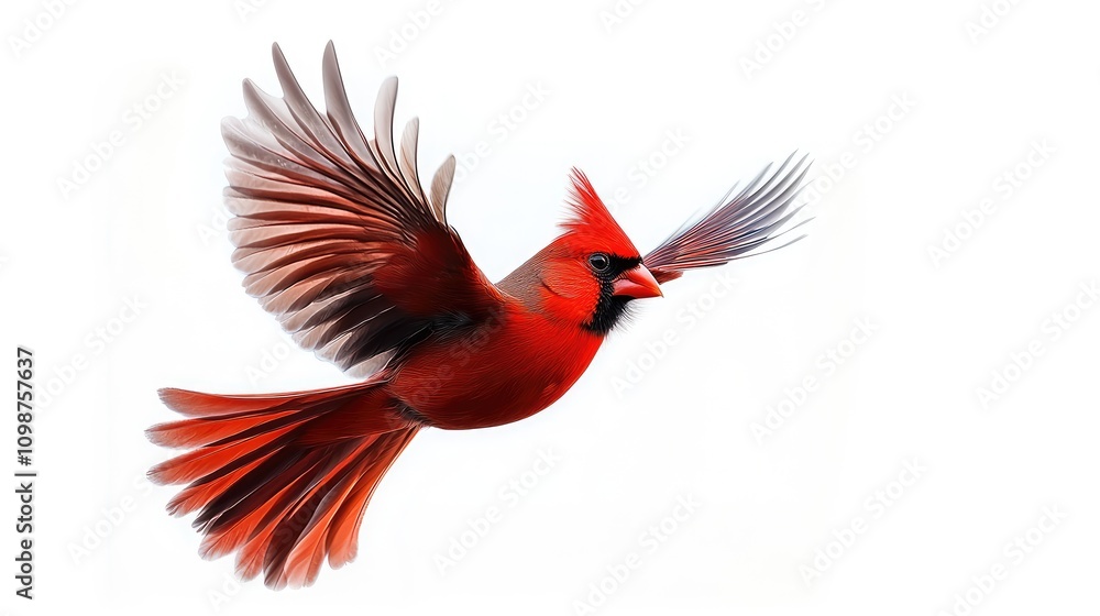 Obraz premium A vibrant cardinal bird gracefully flies against a soft, wintry backdrop, showcasing its brilliant red plumage. This lovely creature symbolizes the warmth and joy of the holiday season